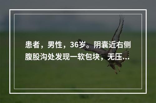 患者，男性，36岁。阴囊近右侧腹股沟处发现一软包块，无压痛