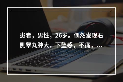 患者，男性，26岁。偶然发现右侧睾丸肿大，下坠感，不痛，超