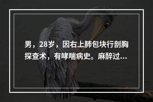 男，28岁，因右上肺包块行剖胸探查术，有哮喘病史。麻醉过程中