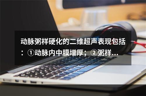 动脉粥样硬化的二维超声表现包括：①动脉内中膜增厚；②粥样斑