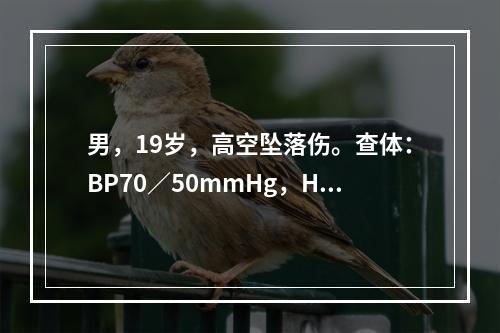 男，19岁，高空坠落伤。查体：BP70／50mmHg，HR1