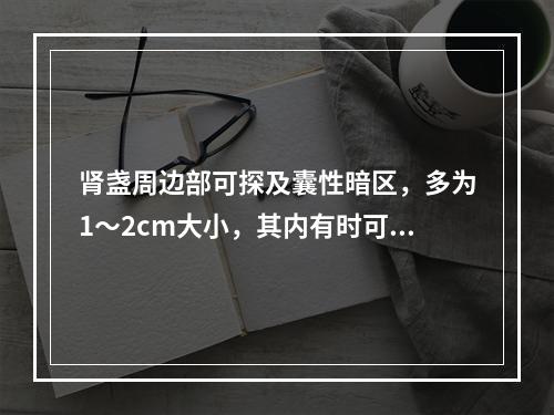 肾盏周边部可探及囊性暗区，多为1～2cm大小，其内有时可见强