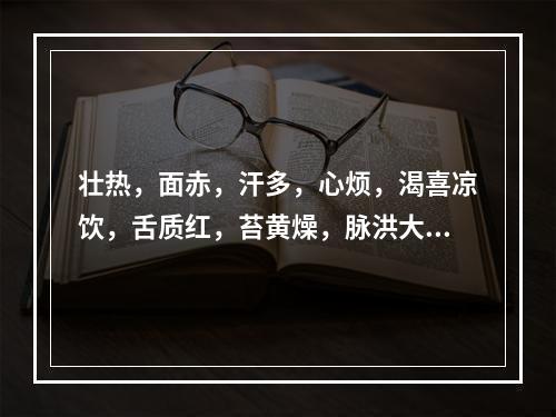 壮热，面赤，汗多，心烦，渴喜凉饮，舌质红，苔黄燥，脉洪大有力