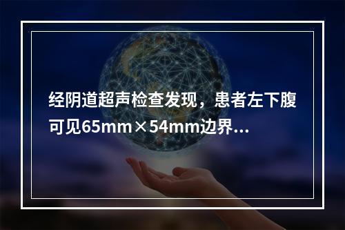 经阴道超声检查发现，患者左下腹可见65mm×54mm边界尚清