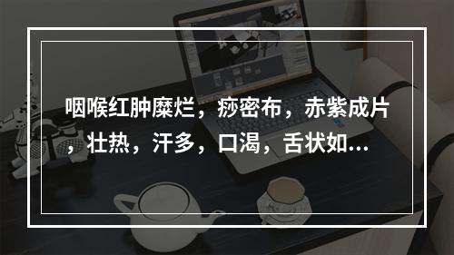 咽喉红肿糜烂，痧密布，赤紫成片，壮热，汗多，口渴，舌状如杨梅