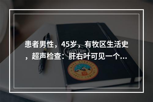 患者男性，45岁，有牧区生活史，超声检查：肝右叶可见一个7