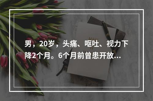 男，20岁，头痛、呕吐、视力下降2个月。6个月前曾患开放性颅