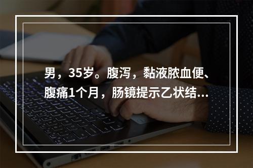 男，35岁。腹泻，黏液脓血便、腹痛1个月，肠镜提示乙状结肠黏