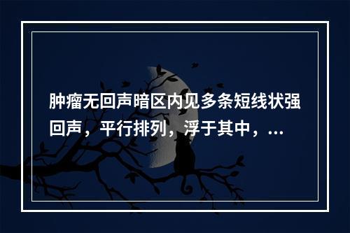 肿瘤无回声暗区内见多条短线状强回声，平行排列，浮于其中，可随