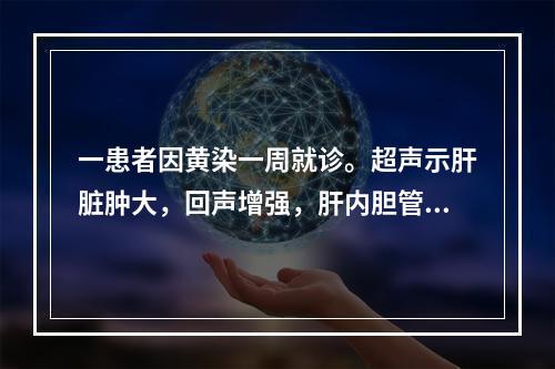 一患者因黄染一周就诊。超声示肝脏肿大，回声增强，肝内胆管树