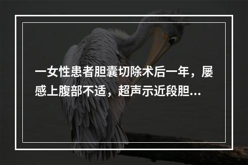 一女性患者胆囊切除术后一年，屡感上腹部不适，超声示近段胆管