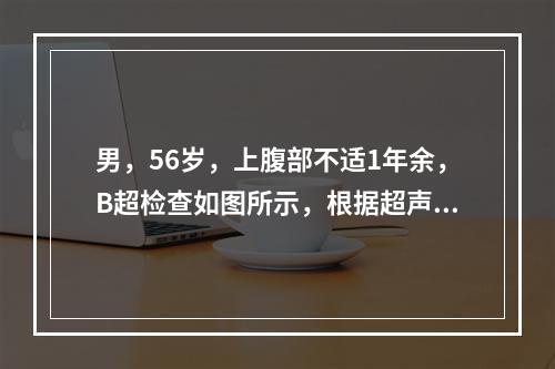 男，56岁，上腹部不适1年余，B超检查如图所示，根据超声声