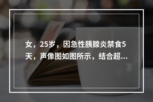 女，25岁，因急性胰腺炎禁食5天，声像图如图所示，结合超声