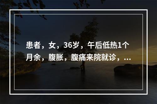 患者，女，36岁，午后低热1个月余，腹胀，腹痛来院就诊，超