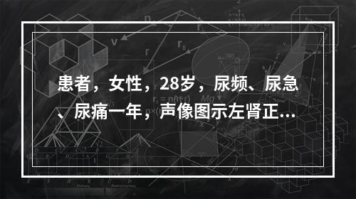 患者，女性，28岁，尿频、尿急、尿痛一年，声像图示左肾正常