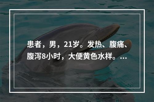 患者，男，21岁。发热、腹痛、腹泻8小时，大便黄色水样。大