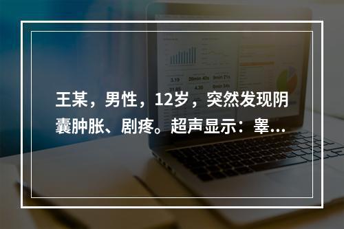 王某，男性，12岁，突然发现阴囊肿胀、剧疼。超声显示：睾丸