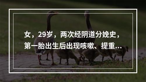 女，29岁，两次经阴道分娩史，第一胎出生后出现咳嗽、提重物时