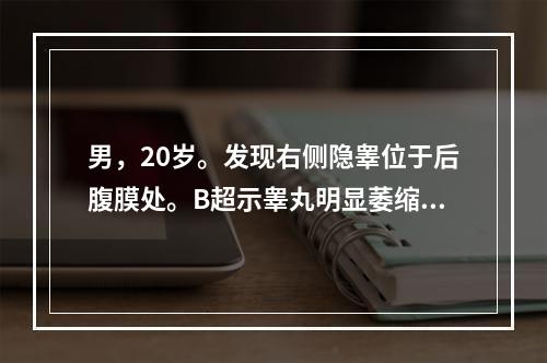 男，20岁。发现右侧隐睾位于后腹膜处。B超示睾丸明显萎缩变小