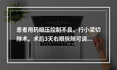 患者用药眼压控制不良，行小梁切除术。术后3天右眼拆除可调整缝