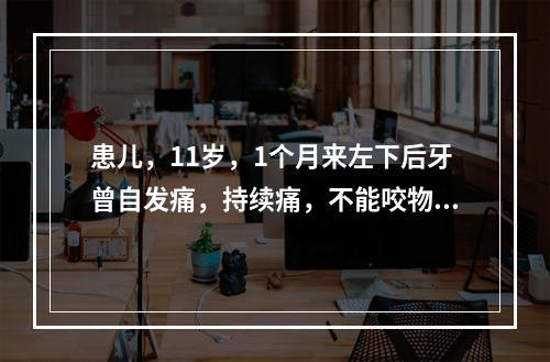 患儿，11岁，1个月来左下后牙曾自发痛，持续痛，不能咬物3天