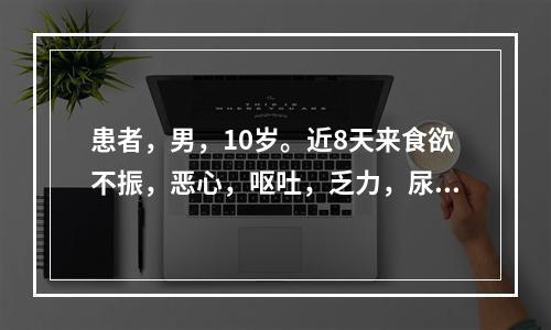 患者，男，10岁。近8天来食欲不振，恶心，呕吐，乏力，尿色