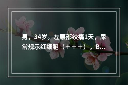 男，34岁。左腰部绞痛1天，尿常规示红细胞（＋＋＋），B超提