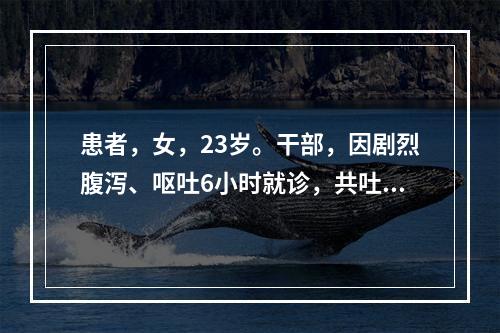 患者，女，23岁。干部，因剧烈腹泻、呕吐6小时就诊，共吐泻