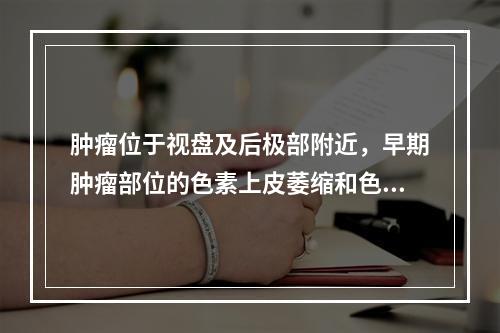 肿瘤位于视盘及后极部附近，早期肿瘤部位的色素上皮萎缩和色素脱