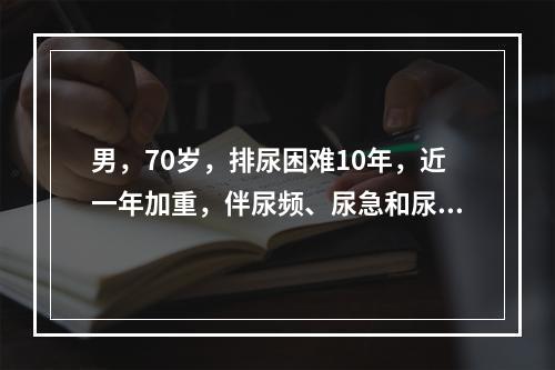 男，70岁，排尿困难10年，近一年加重，伴尿频、尿急和尿痛。