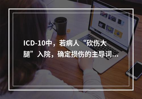 ICD-10中，若病人“砍伤大腿”入院，确定损伤的主导词是