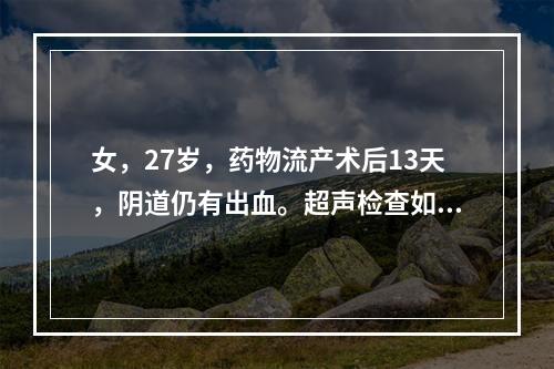 女，27岁，药物流产术后13天，阴道仍有出血。超声检查如图