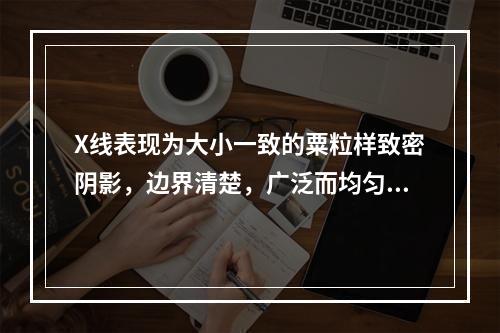 X线表现为大小一致的粟粒样致密阴影，边界清楚，广泛而均匀地遍