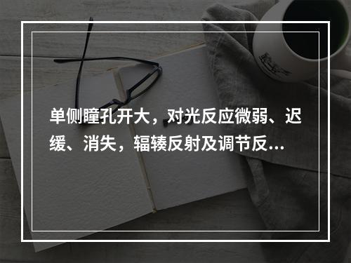 单侧瞳孔开大，对光反应微弱、迟缓、消失，辐辏反射及调节反射均