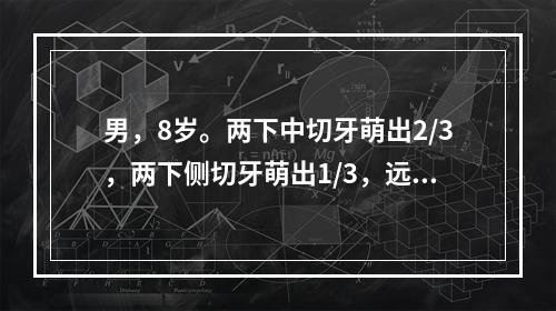 男，8岁。两下中切牙萌出2/3，两下侧切牙萌出1/3，远中面