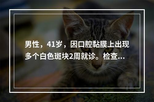 男性，41岁，因口腔黏膜上出现多个白色斑块2周就诊。检查：唇