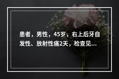 患者，男性，45岁，右上后牙自发性、放射性痛2天，检查见|6