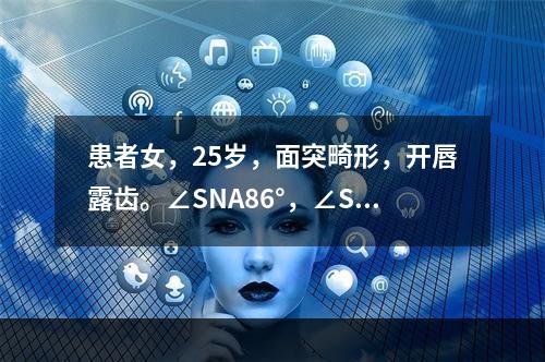 患者女，25岁，面突畸形，开唇露齿。∠SNA86°，∠SNB