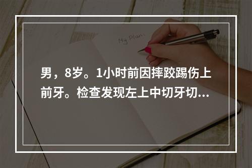 男，8岁。1小时前因摔跤踢伤上前牙。检查发现左上中切牙切角缺