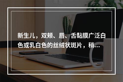 新生儿，双颊、唇、舌黏膜广泛白色或乳白色的丝绒状斑片，稍用力