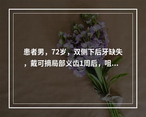 患者男，72岁，双侧下后牙缺失，戴可摘局部义齿1周后，咀嚼食