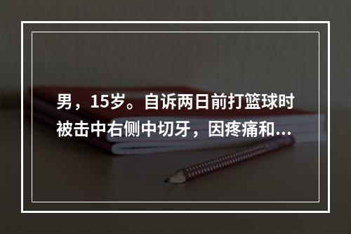 男，15岁。自诉两日前打篮球时被击中右侧中切牙，因疼痛和影响