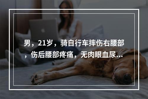 男，21岁，骑自行车摔伤右腰部，伤后腰部疼痛，无肉眼血尿。查