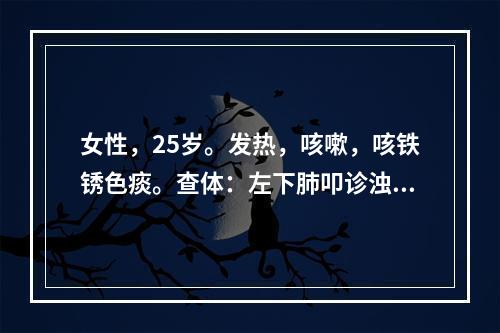 女性，25岁。发热，咳嗽，咳铁锈色痰。查体：左下肺叩诊浊音