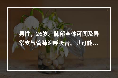 男性，26岁。肺部查体可闻及异常支气管肺泡呼吸音。其可能的诊