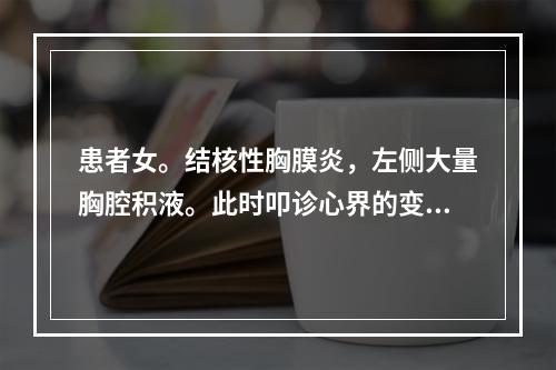 患者女。结核性胸膜炎，左侧大量胸腔积液。此时叩诊心界的变化是