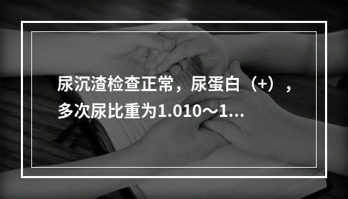 尿沉渣检查正常，尿蛋白（+），多次尿比重为1.010～1.0