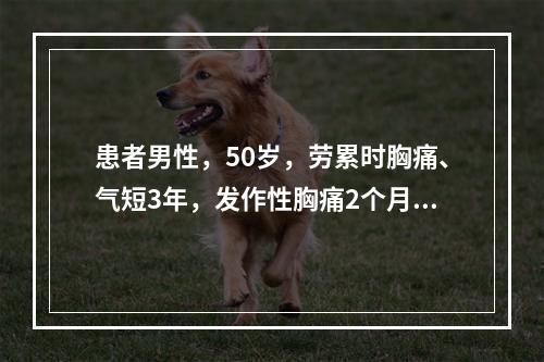 患者男性，50岁，劳累时胸痛、气短3年，发作性胸痛2个月，每