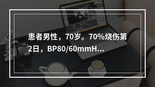 患者男性，70岁。70％烧伤第2日，BP80/60mmHg，