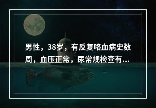 男性，38岁，有反复咯血病史数周，血压正常，尿常规检查有血